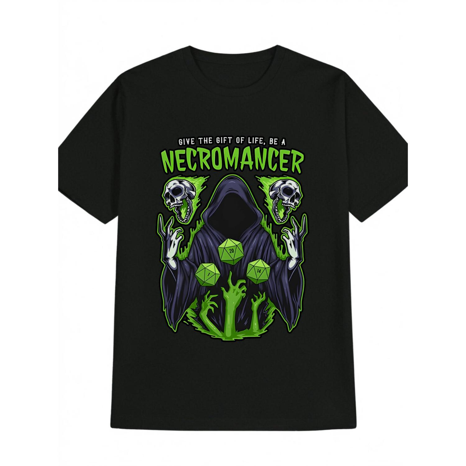 Men's Necromancer Graphic T-Shirt - Black Casual Round Neck Tee with D&D Inspired Skull & D20 Print, "Give the Gift of Life" Fantasy Design, Machine Washable Summer Top for Gamers & Fantasy Fans