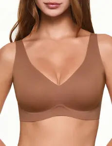LEHOBA Deep V Bras for Women Wireless Push Up Plunge Jelly Bra Seamless No Show Wide Strap & Adjustable Straps Fit Minimalist Supportive Bralette No Underwire T-Shirts Bra Everyday Comfort Full Coverage
