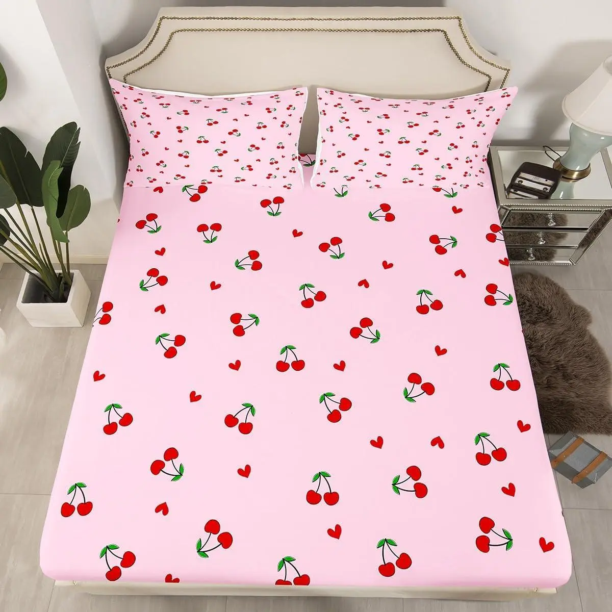 Kids Cherry Bedding Set,,Fitted Sheet,Cute Fruit Pattern Bed Sheet Set for Kawaii Cartoon Teens Bed Cover,(No Flat Sheet)