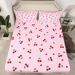 Kids Cherry Bedding Set,,Fitted Sheet,Cute Fruit Pattern Bed Sheet Set for Kawaii Cartoon Teens Bed Cover,(No Flat Sheet)