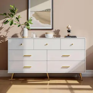 7 Drawer Dresser for Bedroom, High Gloss Dresser with Golden Metal Handles & Adjustable Legs, MDF Chest of Drawers with Wide Drawers for Bedroom, Living Room, Hallway, White