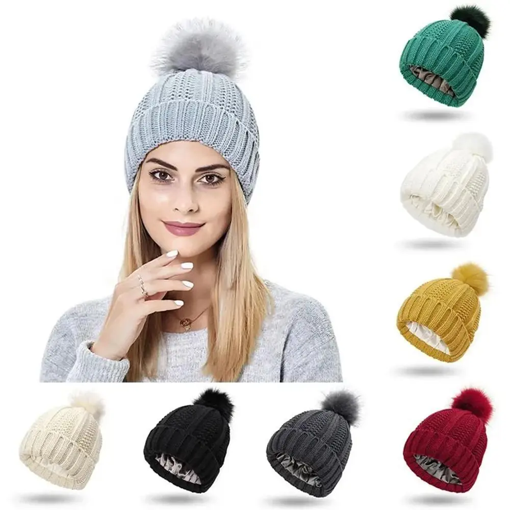 Cozy Women's Winter Beanie Hat - Satin Lined Slouchy Cable Knit with Pom Pom - Soft, Warm Snow Bonnet for Outdoor Sports, Skiing, Back to School