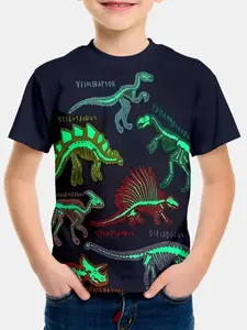 Summer Fashion Boy 3D Digital Print Fun Glow-In-The-Dark Dinosaur Pattern T-Shirt, Casual Fitted Long Sleeve, Cute Graphic Tee, Funny Graphic Tees, Perfect Gift for Kids