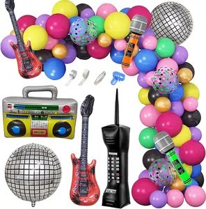 80s 90s Theme Party Decorations, 90Pcs Balloon Garland Kit 6PCS Inflatable Disco Ball Radio Boom Box Retro Mobile Phone Guitar Microphone Balloons for Back to 80s 90s Hip Hop Birthday Supplies Backdrop Rock