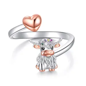 S925 sterling silver Highland cattle open ring Adjustable Scottish style Gift for self-wearing jewelry non tarnish