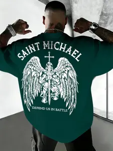 Men's Saint Michael Guardian Angel Print Short Sleeve T-Shirt, Seamless Fit for Daily Wear, Faith Events, Street Style, Summer Essential