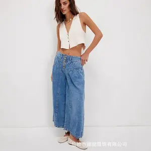 New elastic mid-waist pleated loose wide-leg jeans for women Womenswear Bottom