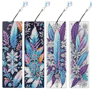 Feather Pattern DIY Diamond Arts Colorful Painting Kit, 4 Counts/set Bookmark with Pendant, DIY Decorative Pendant for Home Office