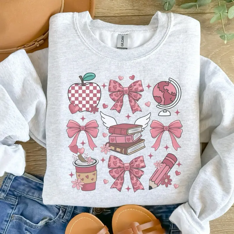 Teacher - Teacher Coquette Bows and Teacher Elements Sweatshirt - Ash Grey - Preppy Fit Aesthetic Jersey Unisex
