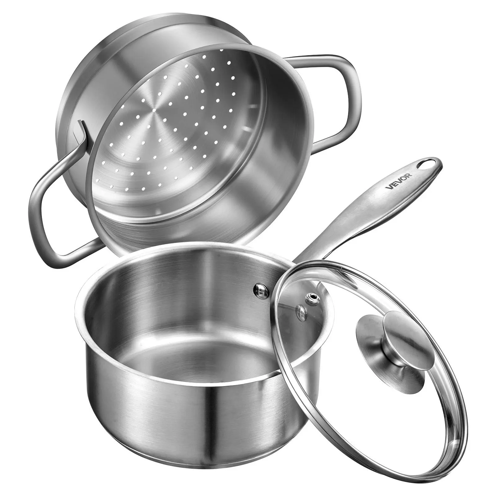 【Summerfinds】VEVOR 1.5 QT Capacity Tri-Ply Steel Cookware Saucepan with Nonstick Steamer, Smooth Finish, Ergo Handle, Oven-Safe Glass Lid (Up to 180°C), Oven-Dishwasher-Induction Friendly for Sauces, Steaming Veggies (1000-2000 ml)