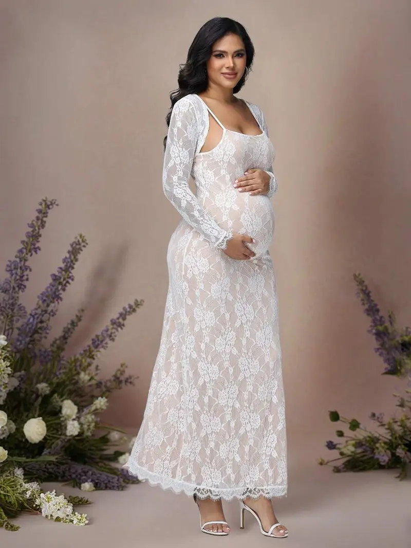 knee length dresses for ladies Lace Off Shoulder Maternity Photoshoot Long Dress Beach Dress – Glamix  Maternity main image 1