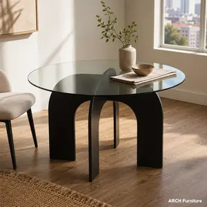35.5x35.5in Modern Arch Round Tempered Glass Dining Table, Black Clean Lines, Minimalist Home Decor, Powder-Coated Legs, Indoor Apartment Furniture for 2-4 People, Kitchen & Dining Room Use