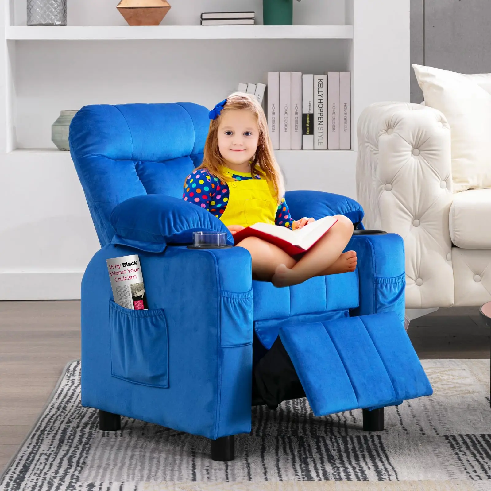 Kids Recliner Chair with Cup Holder - Modern Bedroom Furniture for Toddlers, Ergonomic Design, Recline Adjustment (90° Sit to 130° Nap), Adjustable Backrest, Push-Back Footrest, 2 Front Pockets, Sturdy Solid Wood Frame, Adjustable Reclining Chair Living R
