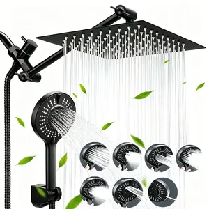 High-pressure rain shower head/handheld shower head combination, "extension arm, 3 water dividers with leak-proof shower head, with wall-mounted shower bracket, adjustable height/angle, matte black/silver