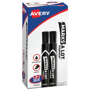 Avery® Marks A Lot® Permanent Markers, Large Desk-Style Size, Chisel Tip, 12 Black Markers (98028)