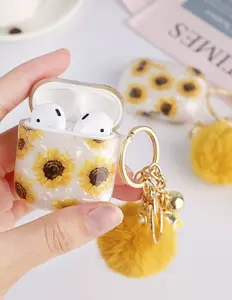 Sun Flower AirPods Case - Floral Design, Pom Keychain, Ideal for Music, Gifts for Her, Travel & Plant Lovers Sunflower Earbuds Headset Audio