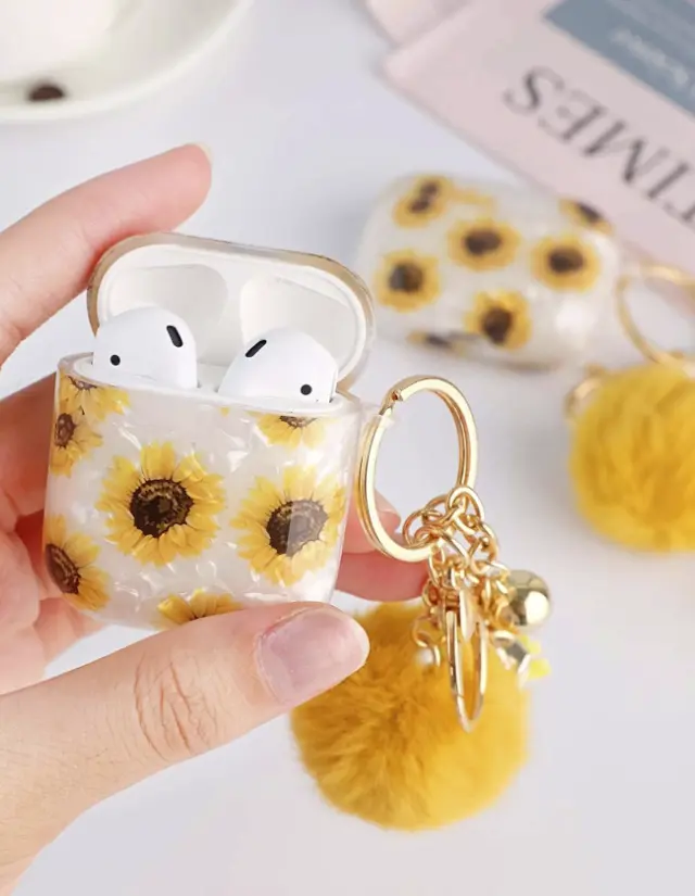 Sun Flower AirPods Case - Floral Design, Pom Keychain, Ideal for Music, Gifts for Her, Travel & Plant Lovers Sunflower Earbuds Headset Audio