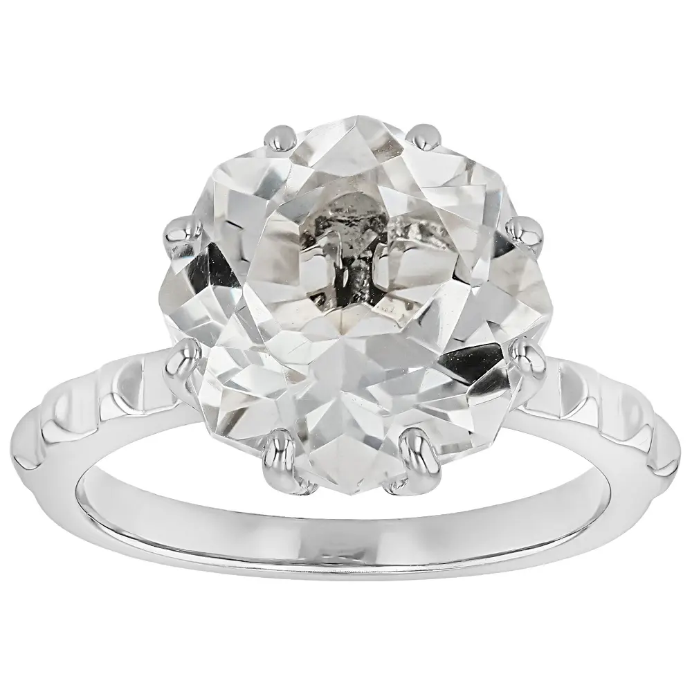 JTV Single Stone Natural White Crystal Quartz Ring, 5.13 ct Rhodium-Plated Sterling Silver Solitaire Ring, Unisex