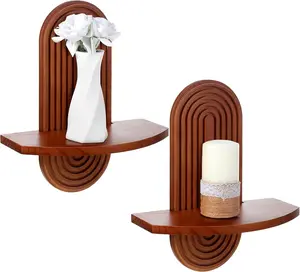 2 count Arched Boho Wooden Wall Shelves Mid Century Shelves Walnut Holders   Wall Mount Rainbow Shelf Rustic Floating Shelf with 2 Hook for  Book Bedroom Bathroom