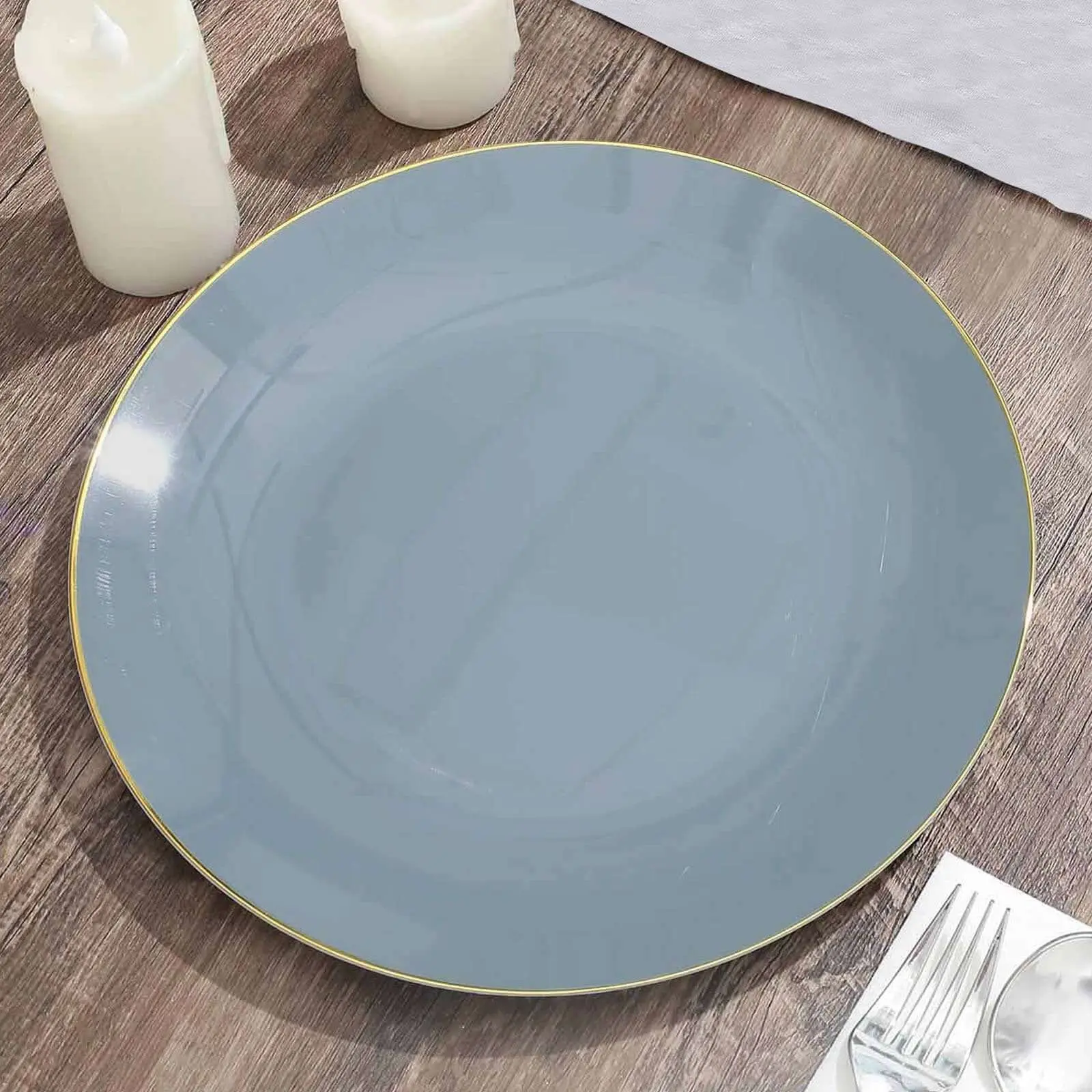 Disposable Dinnerware - 10-Pack 10in Plastic Round Elegant Plates, Dusty Blue with Gold Rim Glossy, Individually Packaged Table Settings for Weddings, Birthday Events, Ten Pieces