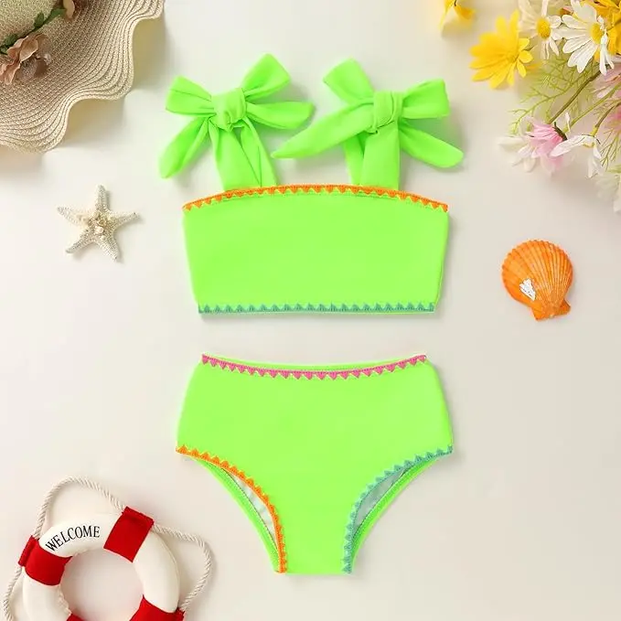 Toddler Girls' 2-Piece Color Block Stripe Swimsuit - Summer Beach Bathing Suit with Swimsuit Style, 18M-5T Swimmingoutfit