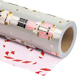 Reversible Christmas Wrapping Paper - Mini Roll - 17 Inch X 33 Feet - Nutcracker and Candy Cane Printed on Pearlized Paper