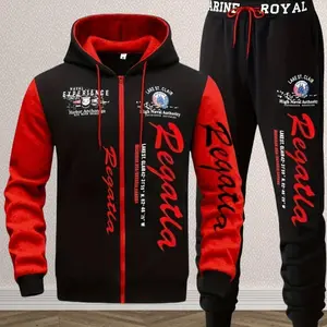 Casual and Comfortable Men's Rowing Style 2-piece Sportswear Set - Red and Black Hooded Zipper Jacket with Elastic Waist Pants, Long Sleeves, Polyester Fiber, Casual Outdoor Equipment, Comfortable Clothing, Fashion Sportswear