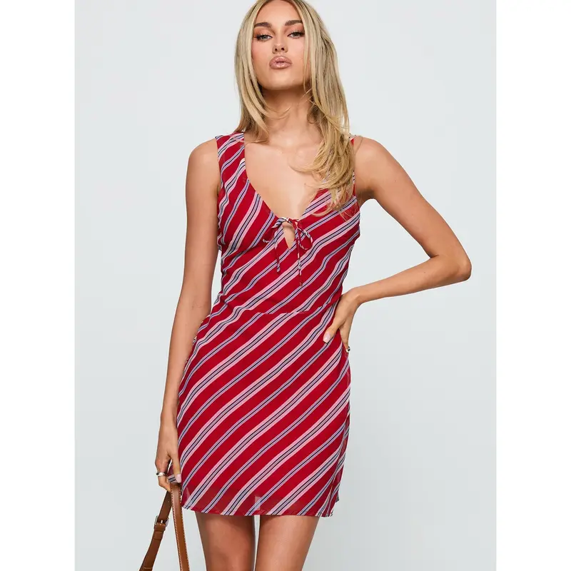 open lace back dress Masha Mini Dress in Red and White Stripe Jersey , Crew Neck main image 0
