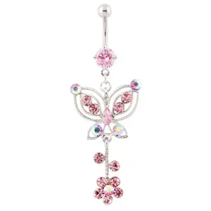 14G Eve Pink Belly Button Ring Dangling Floral Butterfly for Navel Piercings Silver Bar