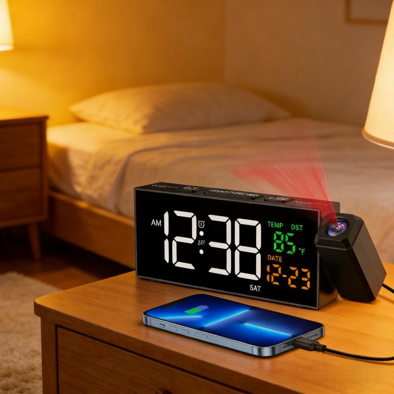Projection Clock for Bedroom Ceiling, Alarm Clocks with 180° Rotatable Projector, Date Temperature and Weekday, Manual DST, 5 Brightness Levels, 10 Ringtones, 4 Volume Levels and Snooze (Black)