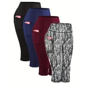 [Stretchy Yoga Leggings] 4pcs Plus-Size Women's High-Waist Capri Yoga Leggings - Stretchy Compression Fitness Pants with Side Pockets, Breathable Knit Fabric in Black, Navy Blue, Gray, Maroon
