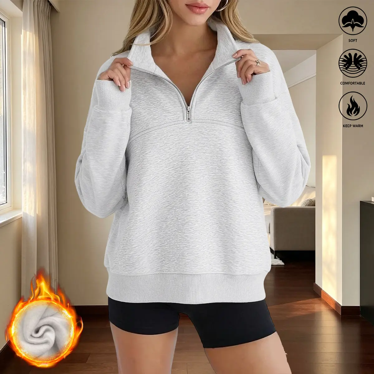 Women’s fashion casual sweatshirt with a half-zip design, warm and comfortable autumn/winter outerwear with zipper details; women’s top, women’s clothing, womenswear