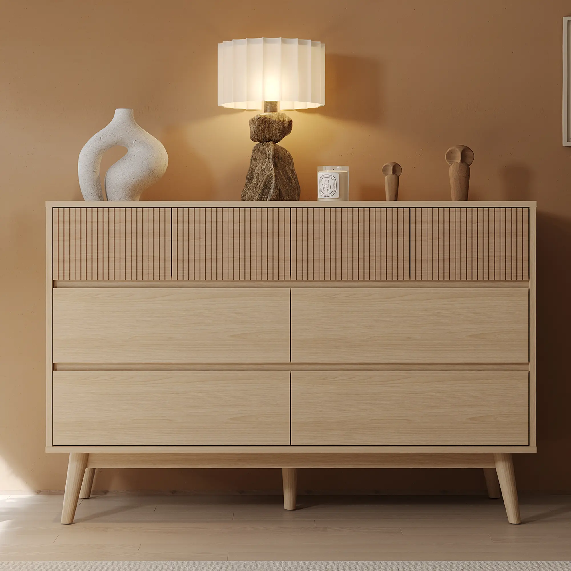 VOWNER Fluted Dresser for Bedroom with 8 Drawers, Modern Chest of Drawers with Striped Surface & Pull-Free Drawers Interior Storage Furniture