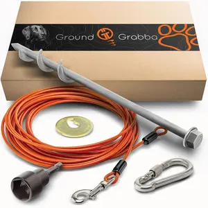 GroundGrabba Grounded Paws Dog Tie Out and Run Kit with 1 Foot Galvanized Heat Treated Carbon Steel Stake, Carabiner & Hook Washer