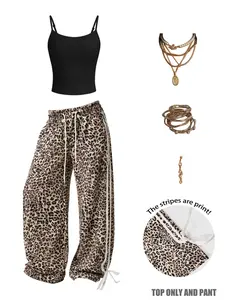 Women's Summer Casual Slim Fit Sleeveless Tank Top + Leopard Print Long Pants Set, Soft Comfortable Loose Home Wear, Essential Leopard Print