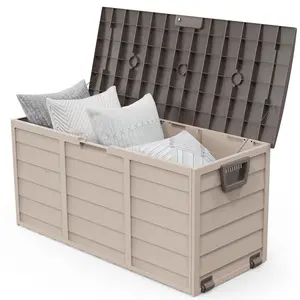 75 Gallon Outdoor Storage Box, Lockable Plastic Storage Containers with Lid, Patio Deck Box Furniture for Garden, Pool, Balcony, Yard (Coffee) Organize Stool Modern Wheel