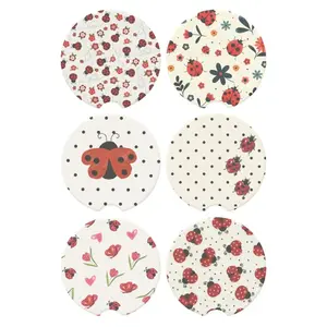 Cute Ladybug Car Coasters Set, Polka Dot Floral Cup Holder Insert, Absorbent Ceramic Car Accessories, Aesthetic Auto Decor, Girly Gift