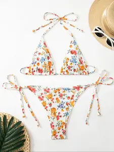Women's Floral Print Bikini Set, Casual Fashion Chic Swimsuit Set for Beach Holiday Vacation, Ladies Swimwear for All Seasons, Floral Print Swimsuits, Flower Print Bikini