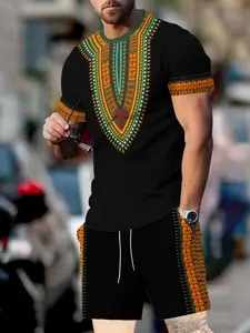 Men's African Print Two-Piece Set, Fashion Casual Round Neck Short Sleeve T-Shirt & Drawstring Shorts, Spring Summer Sports