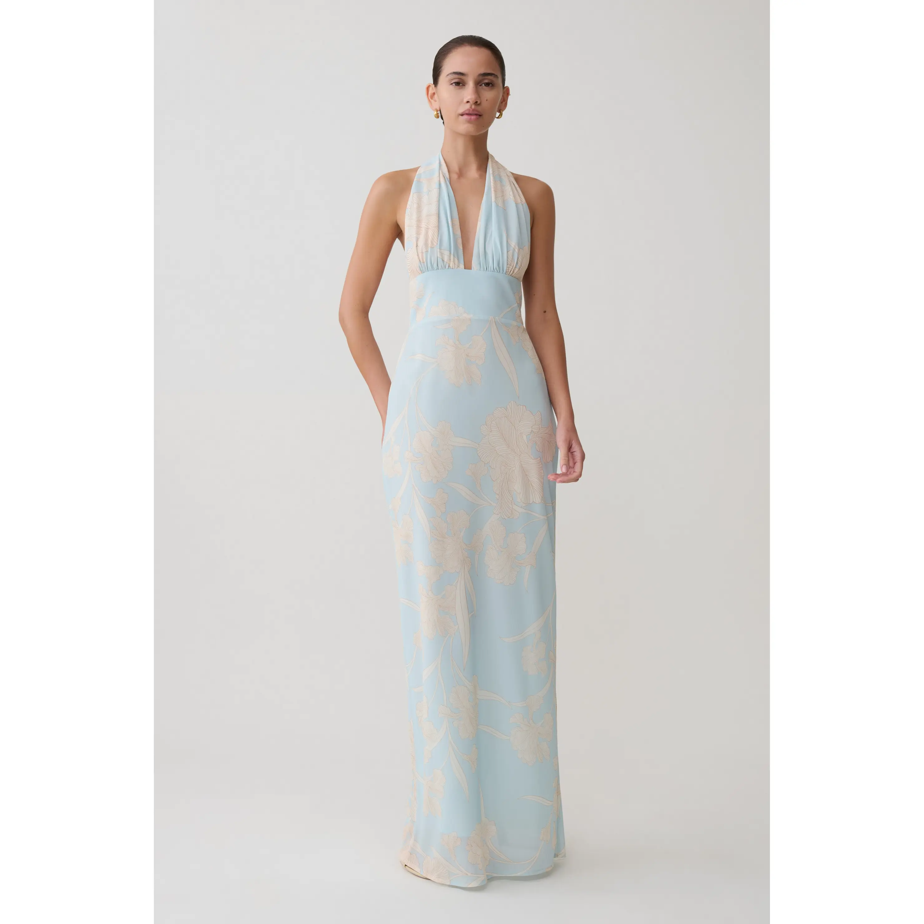 Nadine Halter Scarf Chiffon Maxi Dress - Blue Floral Print