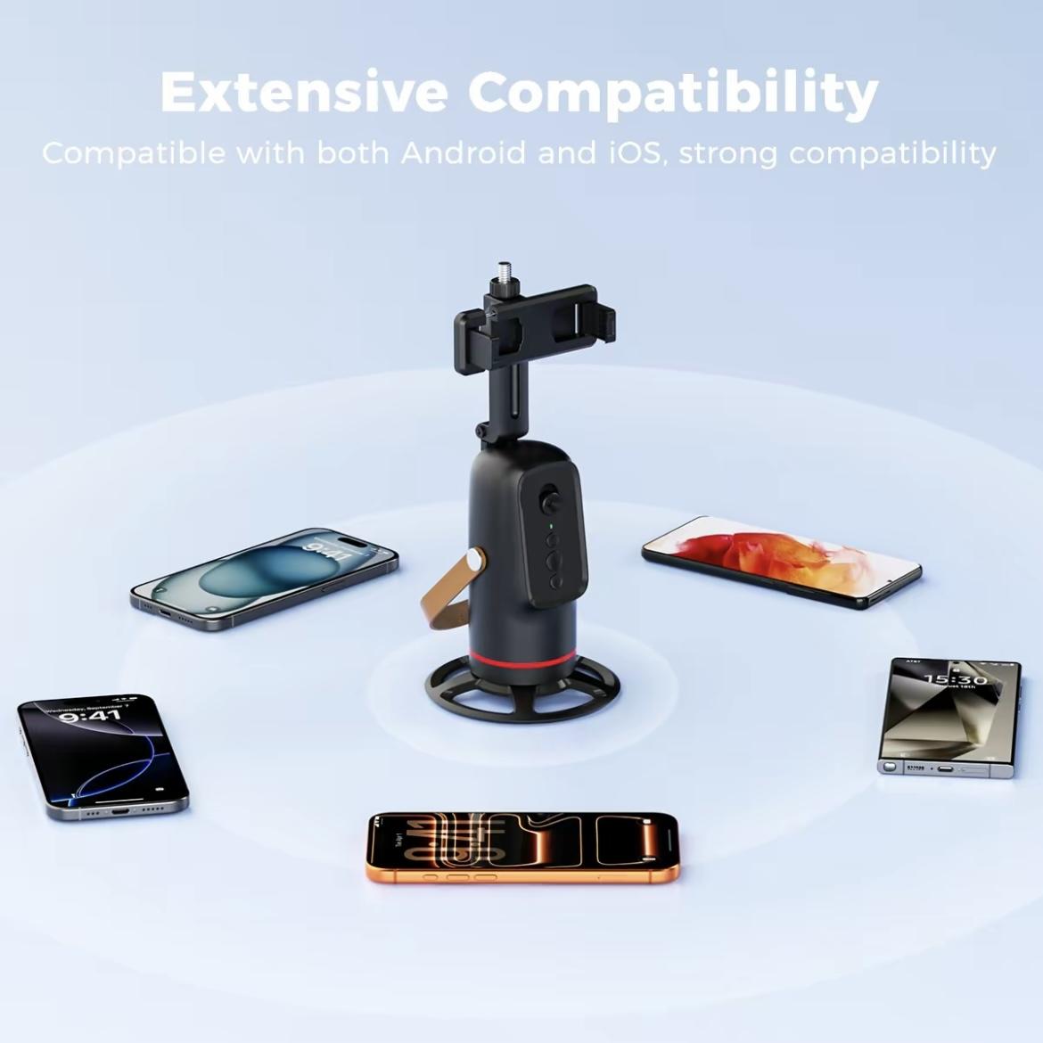 Automatic face-tracking tripod with gesture control, 360° rotation; phone camera mount for body/face shots; smart tracking holder for live vlogging and video streaming; selfie accessories; 360 rotating phone stand