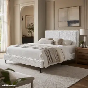 Simple Modern White Plush Soft Queen Bed Frame with Comfortable Backrest for Bedroom Use Diamond Tufted Headboard Adjustable Cloud Headboard