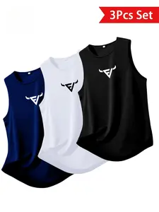 Men's Breathable Polyester Sports Vest Set, Geometric Pattern, Loose-Fitting Sleeveless Training Top, Casual Gym Wear, Gym Workout Wear, All Seasons