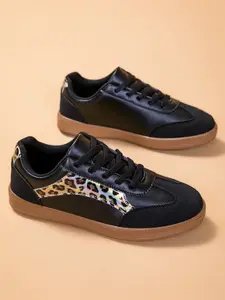 Dn. Monkeys Unisex Retro Leopard Print Sneakers, Laser Cut Patchwork Design, Casual Low Top PU Leather Shoes, All Seasons Comfort
