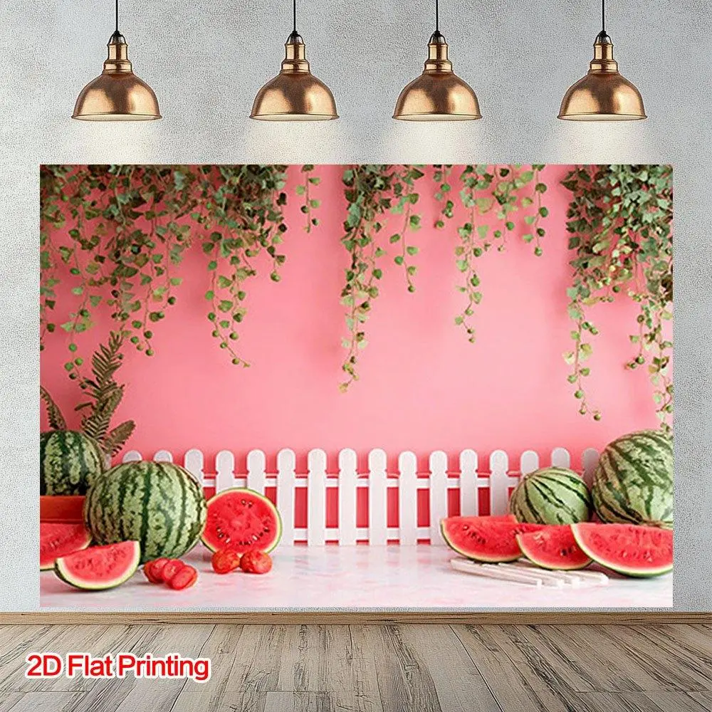 2D Flat Polyester Photography Backdrop Banner - Pink Wall, Watermelon Picket Fence, Botanical Vines, Summer Fruit Theme, HD Digitally Printed, Soft Lightweight Foldable Flats Cloth, Plants Decor for Birthday Party, Photo Booth, Party Decorations, One-Piec