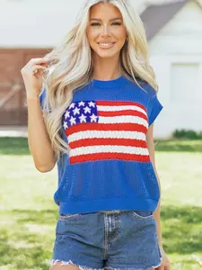 Women's Patriotic Shirts Independence Day July 4th Outfits Short Sleeve Knit Sweaters Casual American Flag Tops Pullover