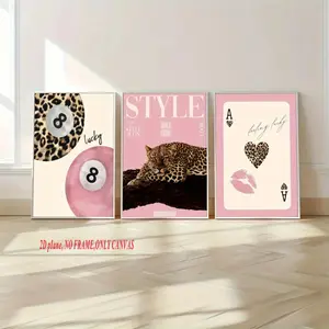 3-Piece Set, Fashionable Leopard Print Pattern with Cheetah Canvas Artwork, Pink Girls' Lucky 8 Ball Wall Art Poster, Modern Living Room Home Decor Wall Decoration Gift, Frameless Canvas Print, 2D Flat Artwork, Modern Art Design, Home Decor Product