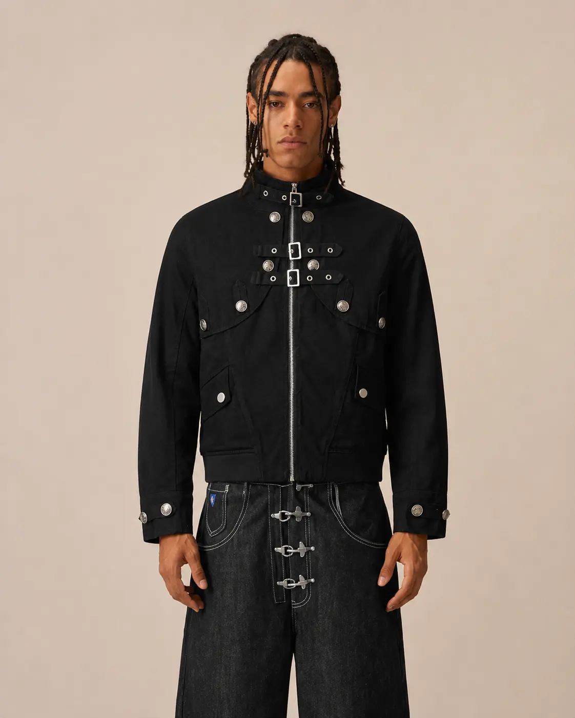 Aelfric Eden Unisex Punk Gothic Aesthetic Silver Buckle Strap Stand Collar Cropped Cotton Coat, 100% Cotton Heavyweight Fabric Cropped Silhouette Men's Jacket