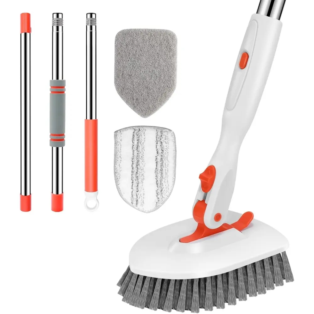 Floor Scrub Brush, 3-In-1 Tile Tub Floor Scrubber with 52-inch Adjustable Long Handle Shower Cleaner Brush and 3 Detachable Replacement Brush Heads For Cleaning Bathroom, Kitchen Walls, Tub, Tile