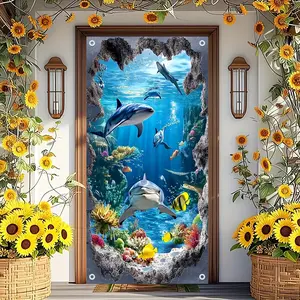 2D door banner, ocean-themed door banner - Vibrant underwater scenes featuring dolphins and tropical fish. Durable polyester fiber indoor/outdoor decoration, suitable for front doors, porches, living rooms, corridors, beach-themed decoration, dyz